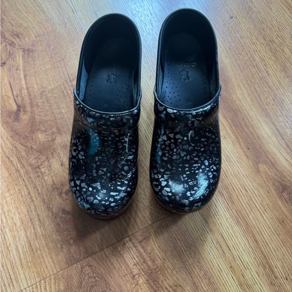 Black and Silver Dansko Patterned Clogs